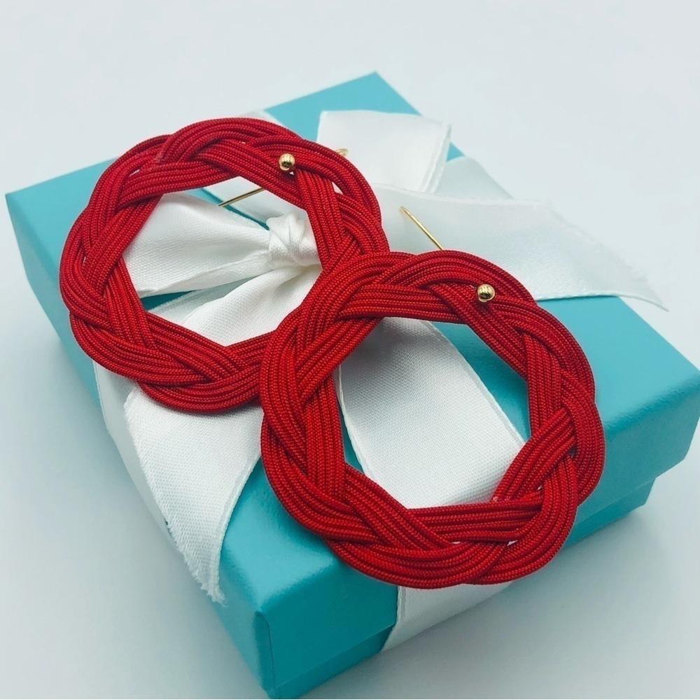 Tiffany & Co. Peretti 18K Yellow Gold Red Silk Circle Hook Earrings w Packaging